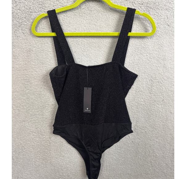 Lulus Stretch Bodysuit Square Neck Sleeveless Black Metallic Sparkle Size L NWT - Picture 4 of 9